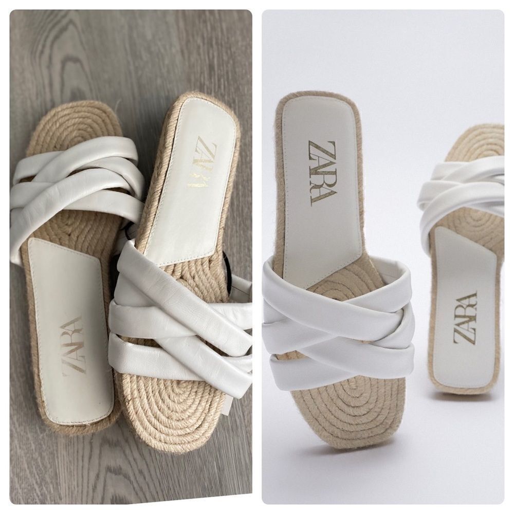 Zara Jute Quilted Leather Sandals Flat New